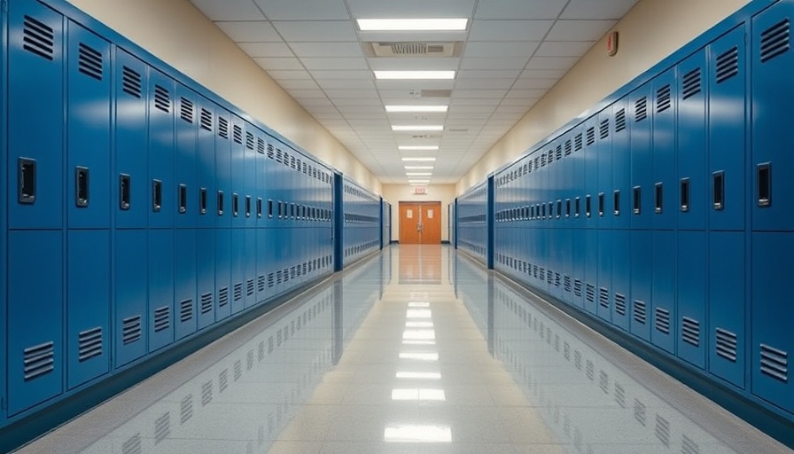 Empty school hallway with blue lockers and polished floors.