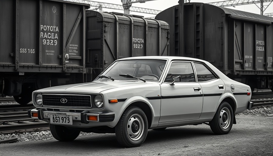 1976 Toyota Corolla Liftback by railway tracks in monochrome.