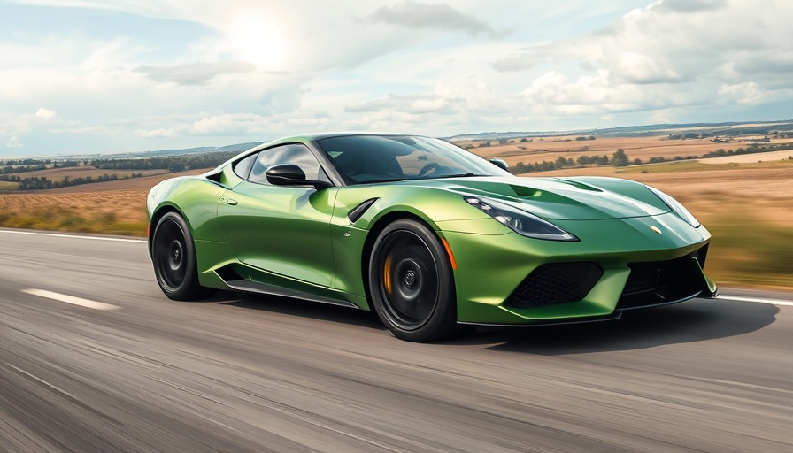 Sleek green sports car speeding on road with dynamic motion.