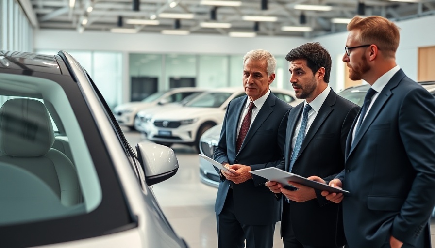 Businessmen discussing EV car in modern showroom.