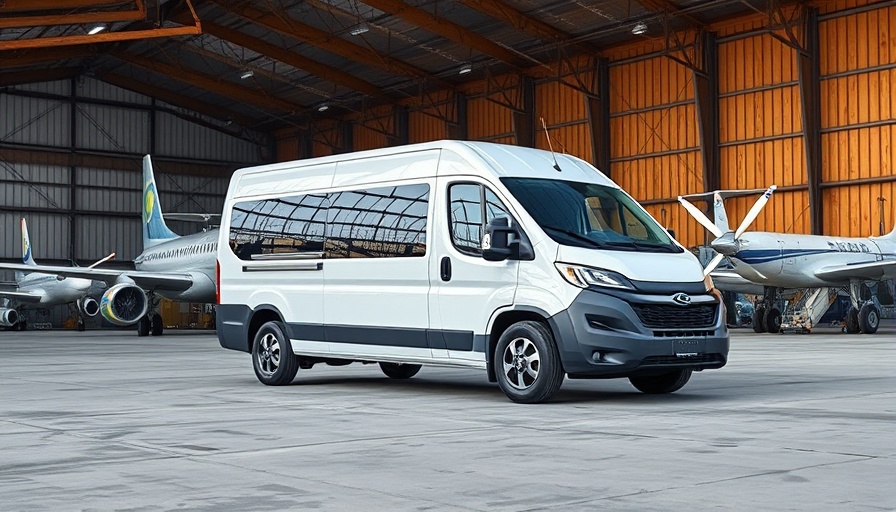 Modern electric van near airplane hangar, showcasing clean transportation