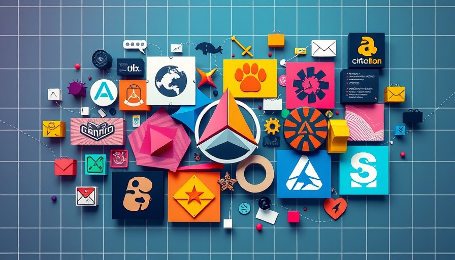 Colorful geometric design with logos and icons representing brand identity.