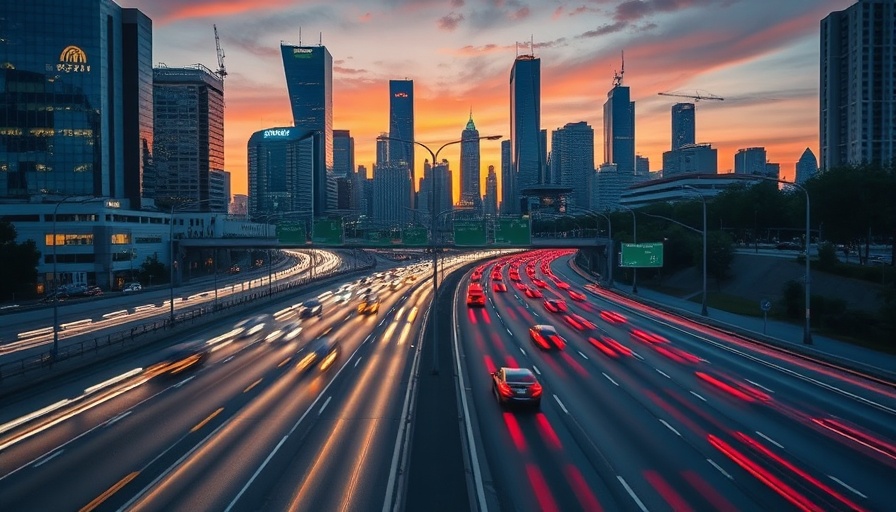 Dynamic city highway scene at dusk with light trails, auto market.