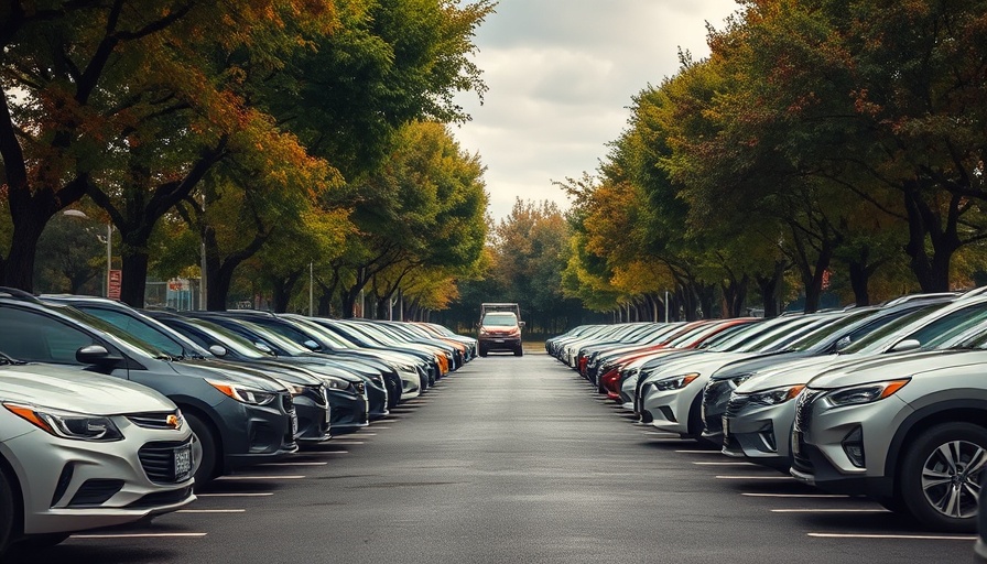 Row of parked cars in tree-lined lot, cloudy day, repossessions theme.