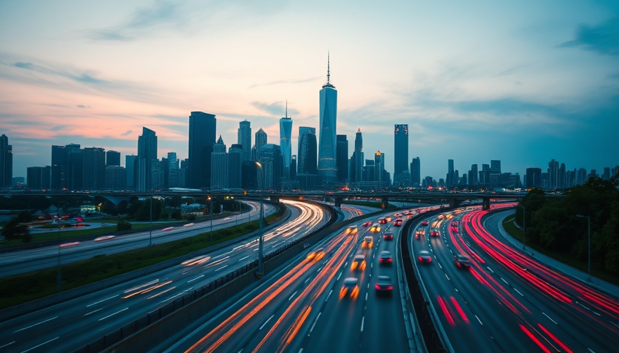 Twilight highway scene with light trails and city skyline, Auto Market.