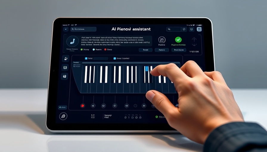 AI piano assistant interface on tablet with keyboard.