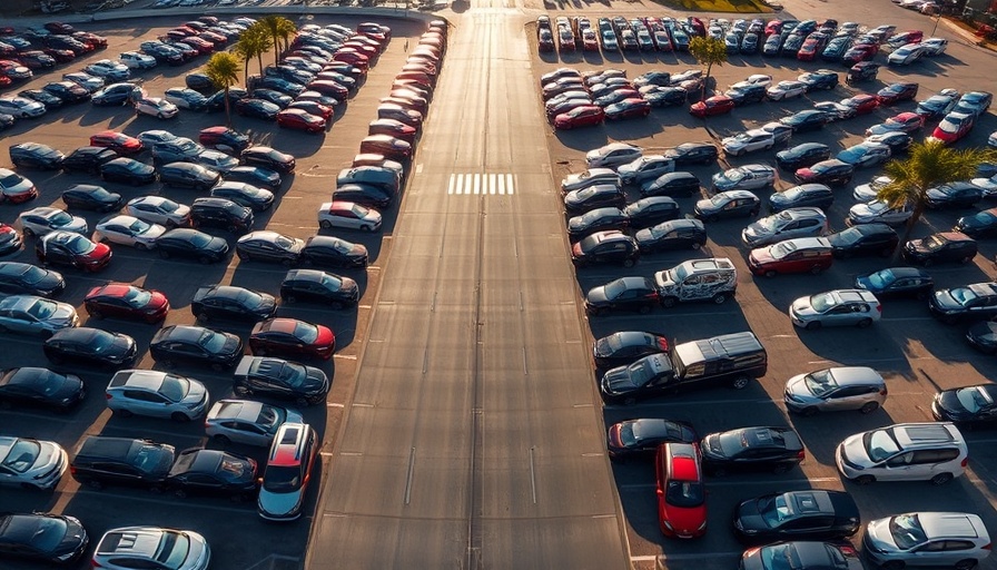 Aerial view of large car dealership lot showcasing 2025 dealer profits.