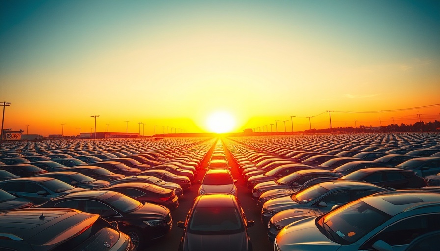 AI Automotive Solutions showcase in car lot at sunset