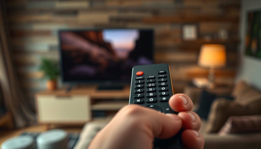 Remote with streaming interface in modern living room, automotive advertising.