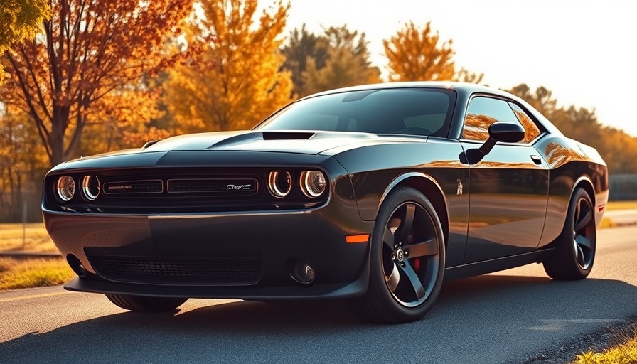 Sleek black Dodge Challenger Restomod in autumn sunlight.