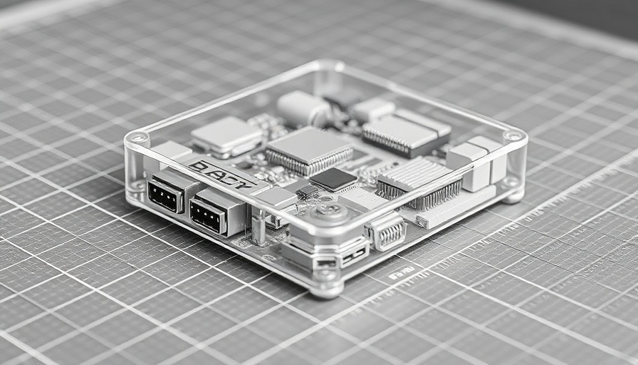 Transparent CAD design of electronic device on grid background.