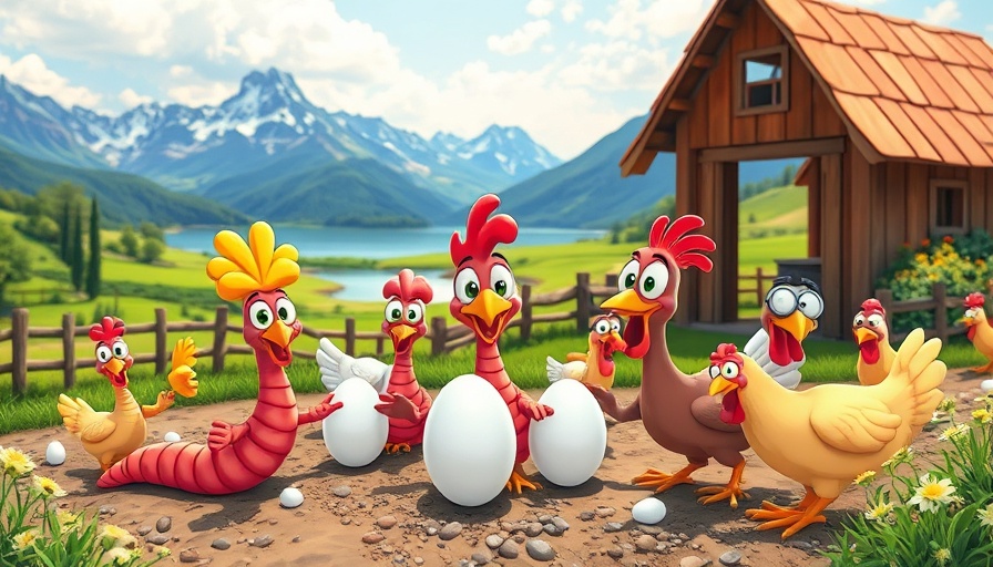 Cartoon farm scene highlighting premium egg market with worms and chickens.