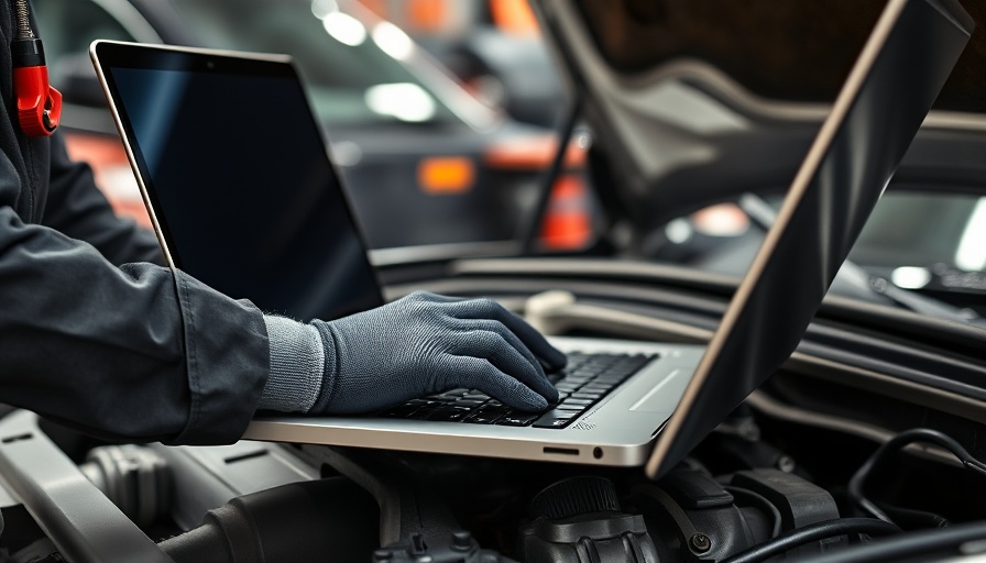 Vehicle trade-in evaluation by mechanic using laptop in workshop