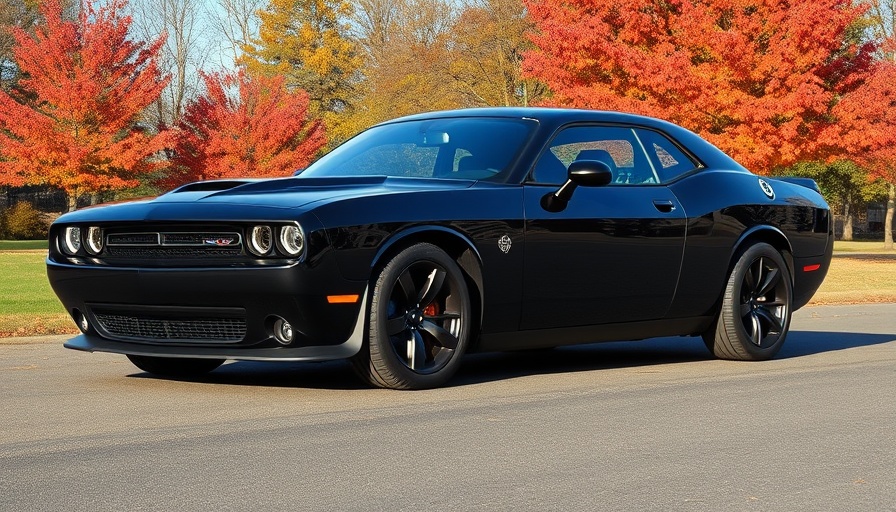 Sleek black muscle car parked in autumn park with vibrant foliage.