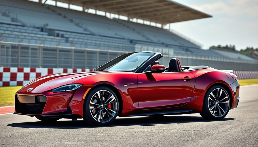 Sleek convertible at racetrack with vibrant stands, showcasing design.