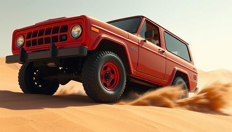 1996 red SUV driving energetically on sand dunes.