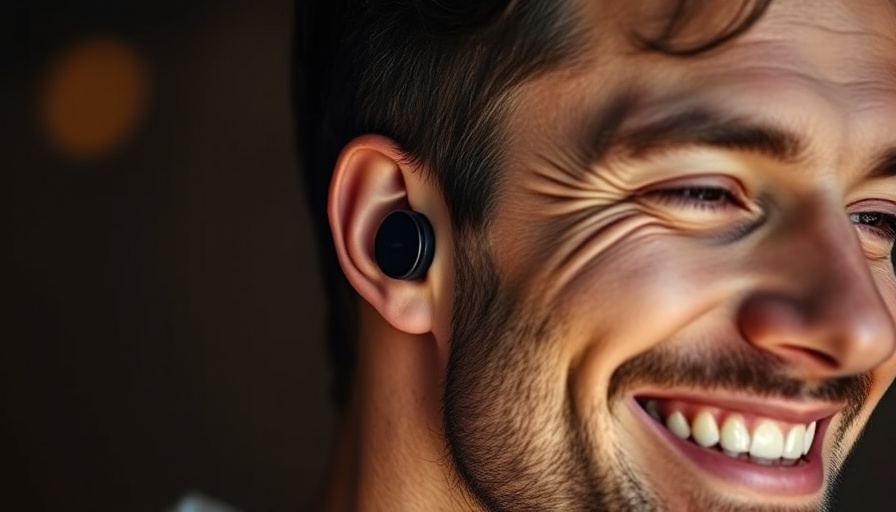 Smiling man with earbuds, heart rate monitoring tech.