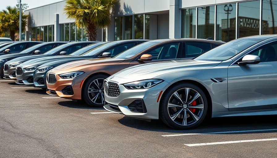 Lineup of cars for U.S. truck sales, dealership lot.