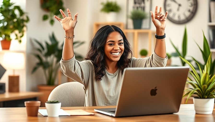 Happy woman celebrating personal growth strategies success at home laptop.