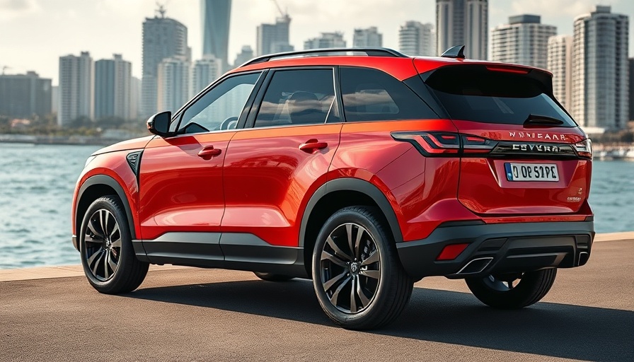 Modern red SUV by the sea with cityscape background.