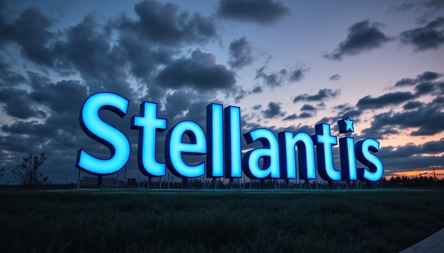 Stellantis illuminated sign at dusk, showcasing brand in vibrant blue.