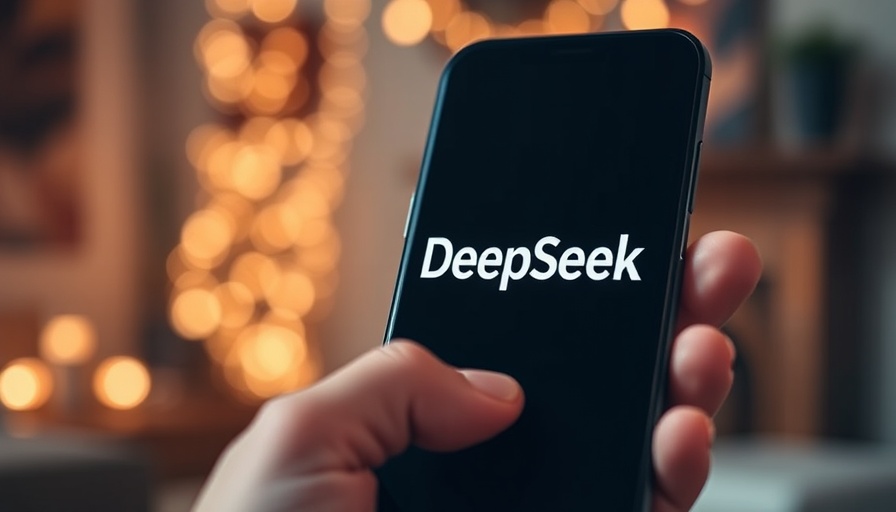 DeepSeek logo on smartphone held indoors with blurred background.