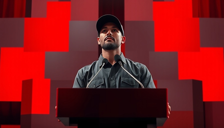 Abstract image of a man at a microphone on stage, red overlay.