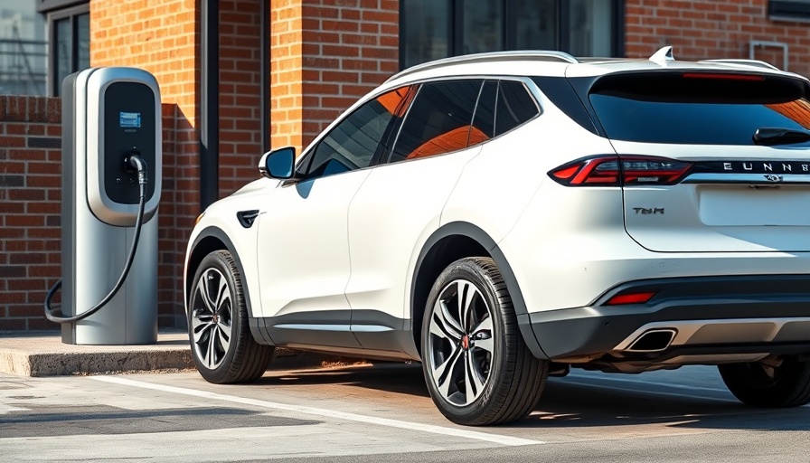 White electric SUV charging in urban setting, showcasing EV adoption.