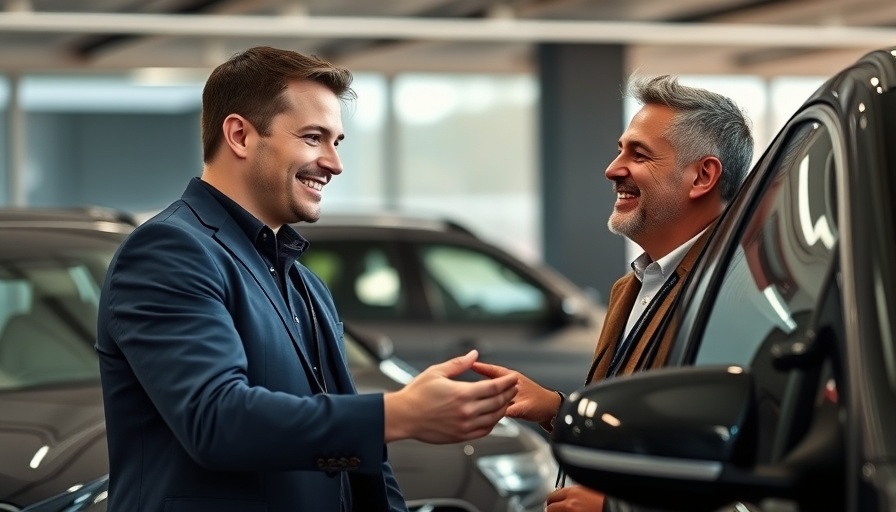 Car buyer journey in a showroom, customer and salesman inspecting a car.