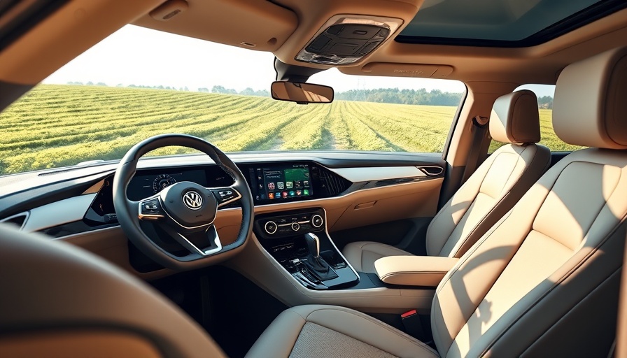 Volkswagen ID.7 interior with digital dashboard and green field view.