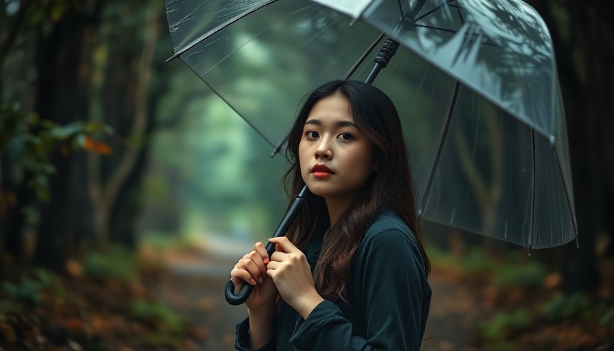 Thoughtful woman standing with umbrella on forest path, workplace happiness concept.