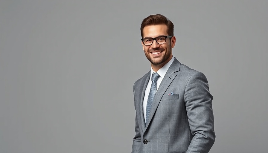 Confident businessman in grey suit representing business development.