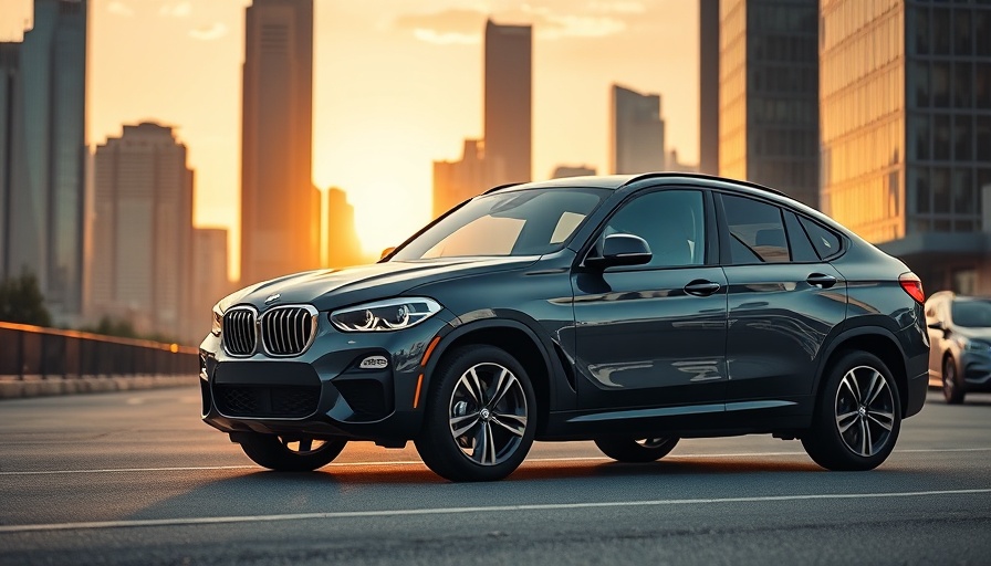 BMW iX showcasing sleek design in urban sunset setting.