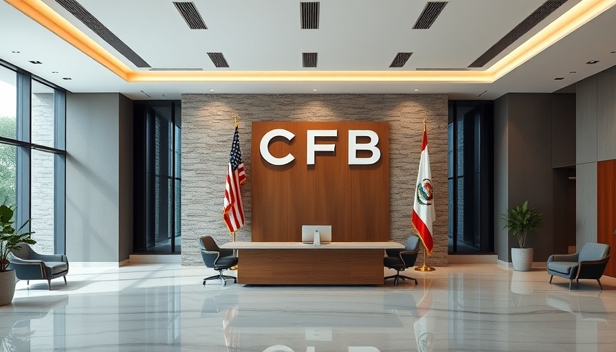 CFPB building interior with American flag and emblem in a formal setting.