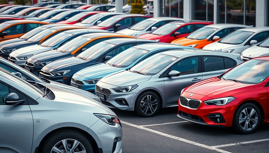 Line of cars in a dealership, discussing auto loan rates.