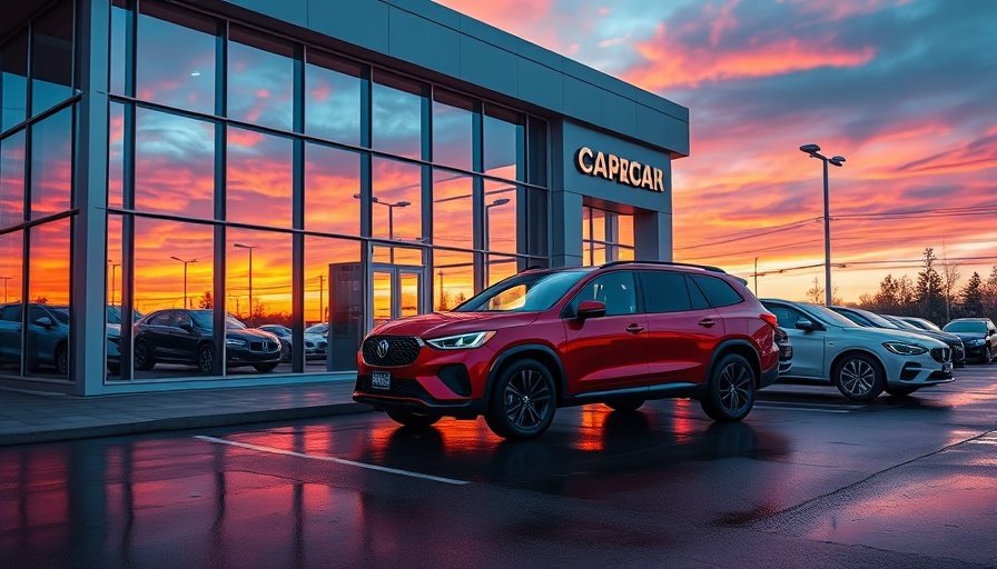 Modern car dealership at sunset showcasing dealership deals