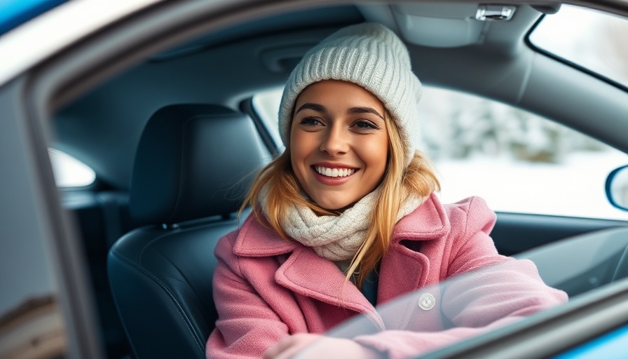 Young woman smiling in a blue car during January vehicle sales.