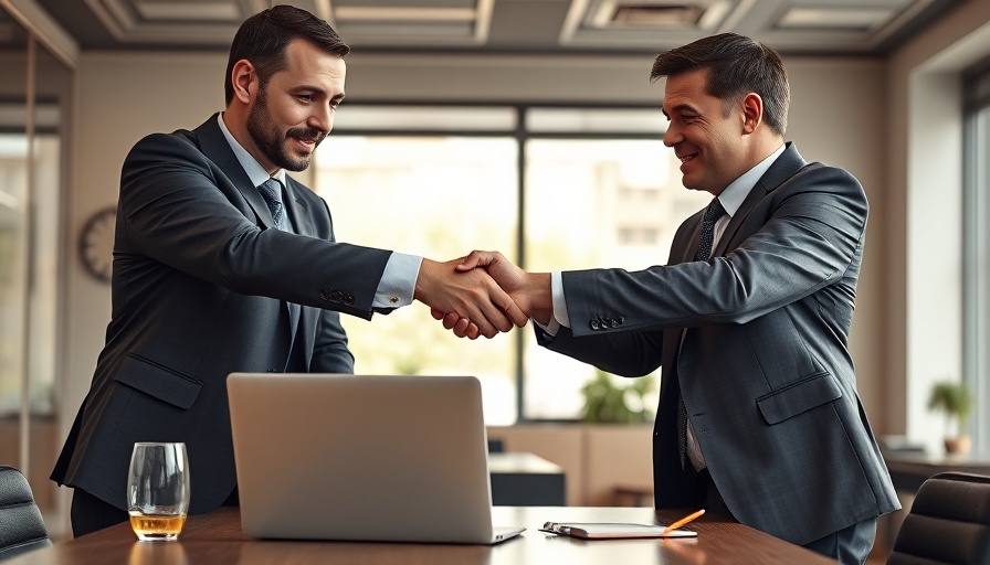 High-value sales agreement sealed with a handshake over a laptop.