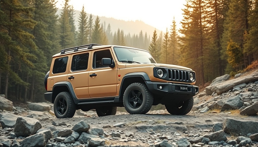 Rugged SUV on rocky terrain with a forest background