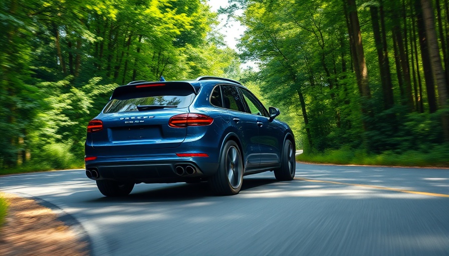 Blue Porsche Cayenne driving on a scenic forest road