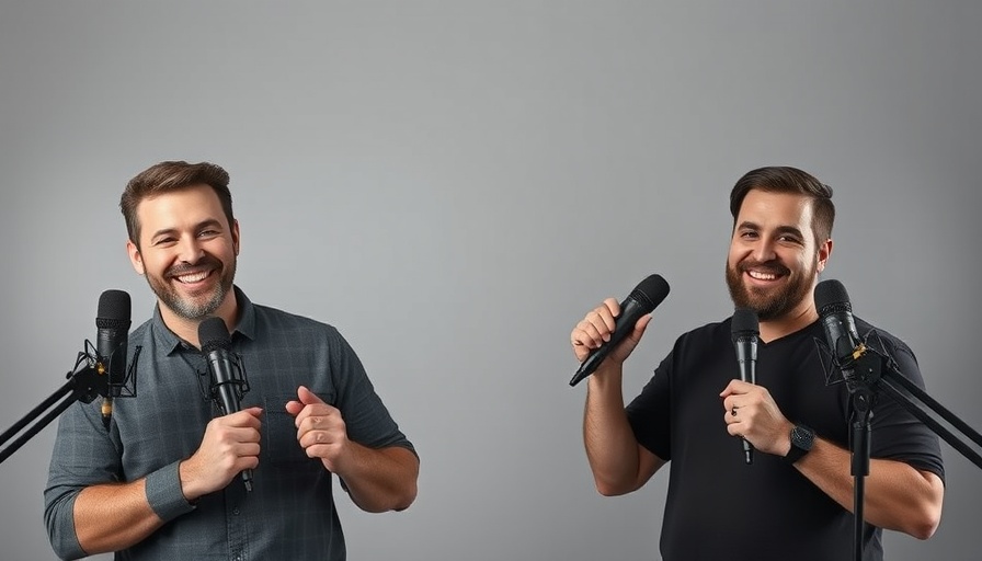 Men promoting podcast for driver engagement, colorful backdrop.