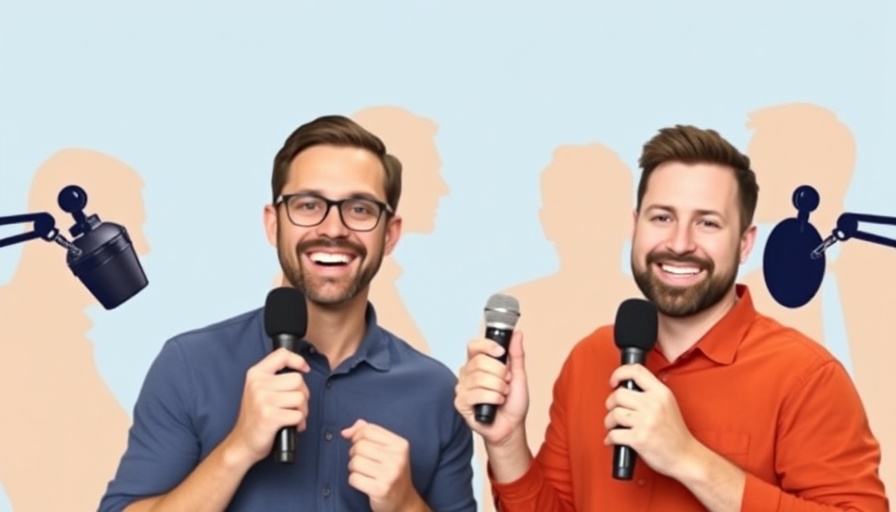Stylized podcast graphic with two men holding microphones.