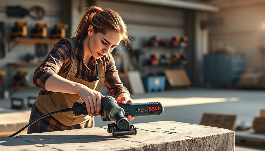 Woman using Bosch power tool on concrete, industrial setting.