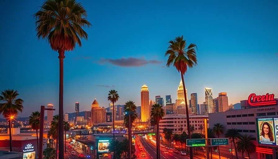 Los Angeles cityscape with palm trees at sunset, L.A. wildfires.