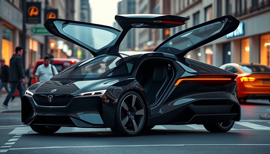 Tesla Innovations - Futuristic electric car with upward doors on city street.