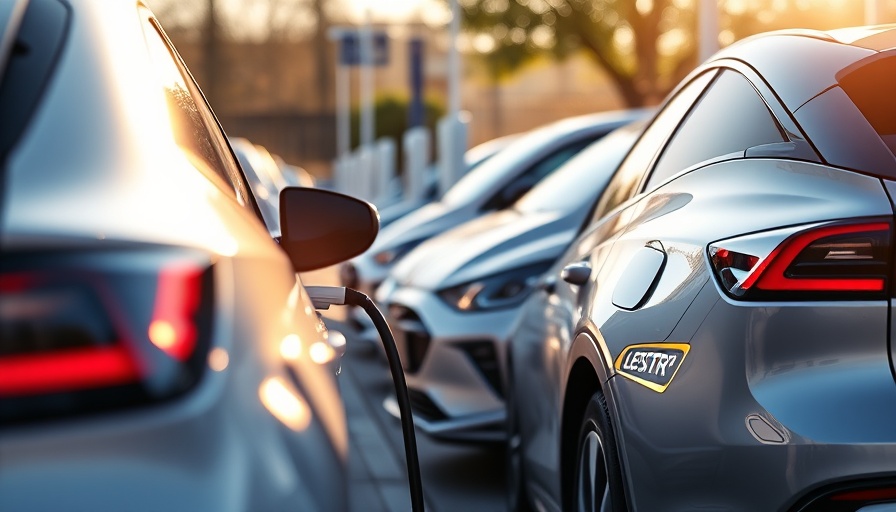 Electric vehicles charging at a station with sunlight reflecting.