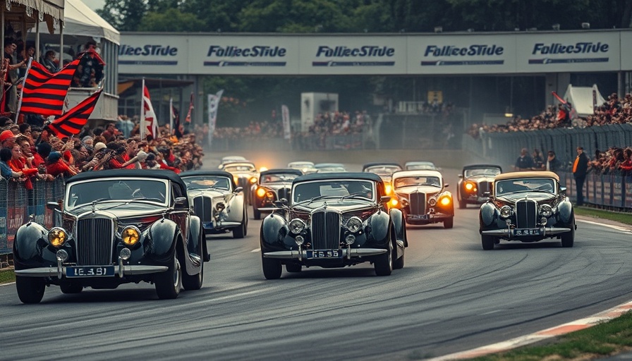 Classic race cars on historic track with cheering crowd.