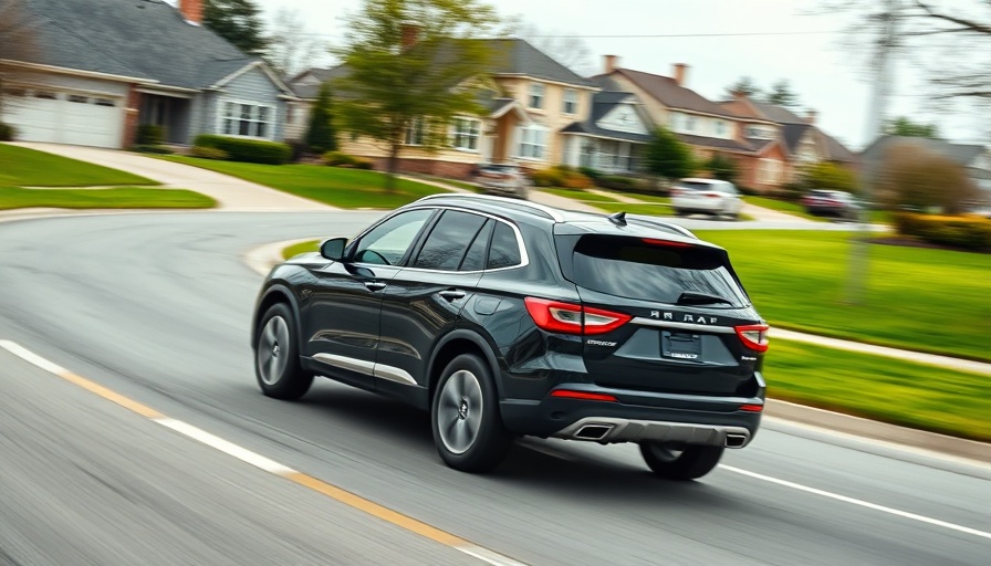 SUV driving dynamically on a suburban street with homes.