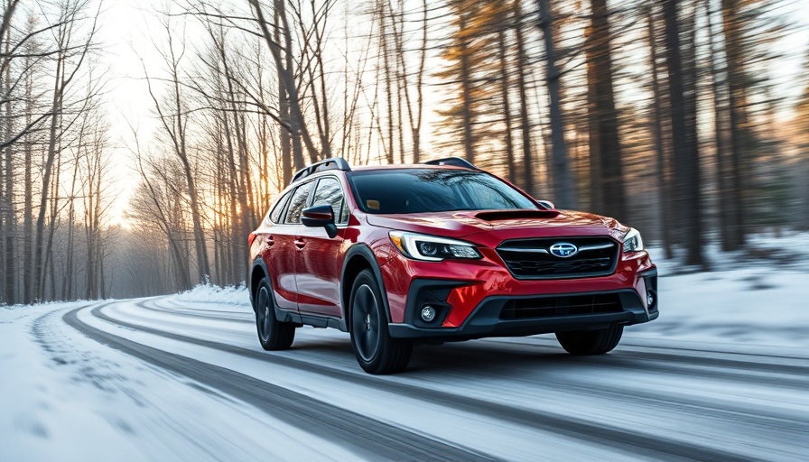 2025 Subaru Outback on snowy forest road, winter drive.