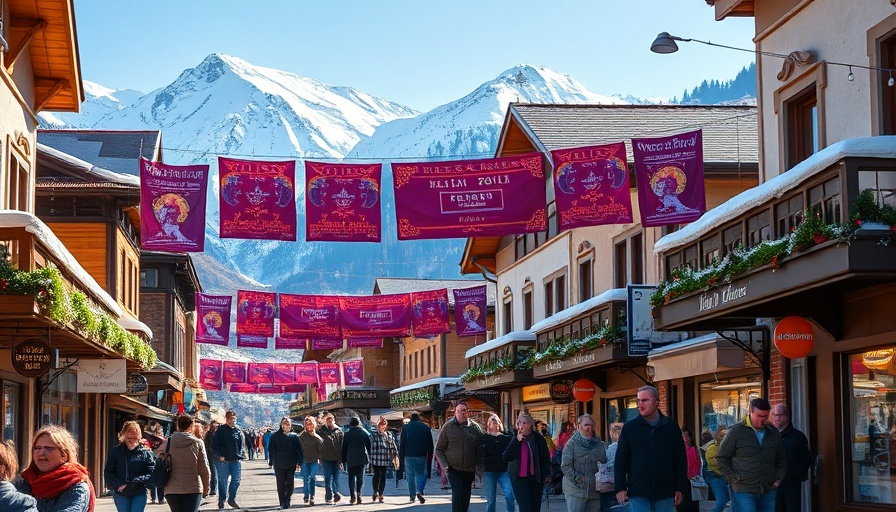 Sundance Film Festival banners in a bustling snowy mountain town